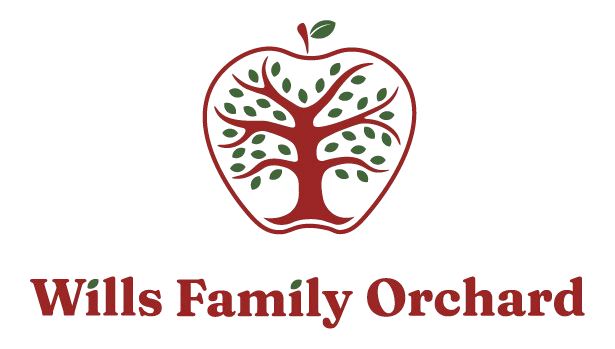 Wills Family Orchard logo. Apple-red letters spell "Wills Family Orchard". Above the letters is the outline of an apple, inside is a tree with sprouting green leaves.